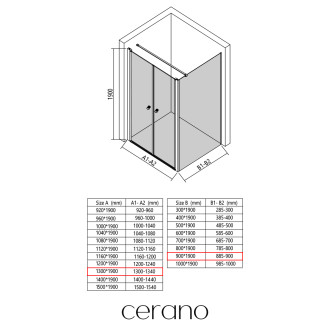 CERANO - Sprchový kout Antelo L - L/P - 6 mm - černá matná, transparentní sklo - 130x90 cm - otočný