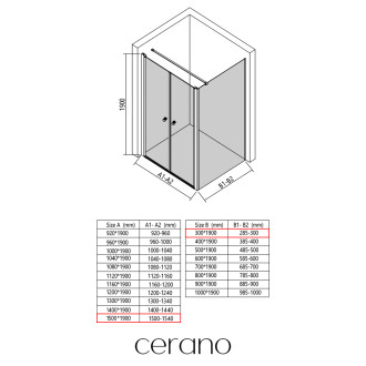 CERANO - Sprchový kout Antelo L - L/P - 6 mm - černá matná, transparentní sklo - 150x30 cm - otočný