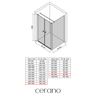 CERANO - Sprchový kout Antelo L - L/P - 6 mm - černá matná, transparentní sklo - 150x90 cm - otočný
