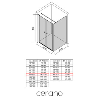 CERANO - Sprchový kout Antelo L - L/P - 6 mm - černá matná, transparentní sklo - 96x80 cm - otočný