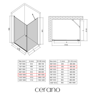 CERANO - Sprchový kout Antelo L/P - 6 mm - černá matná, transparentní sklo - 100x40x190 cm - otočný