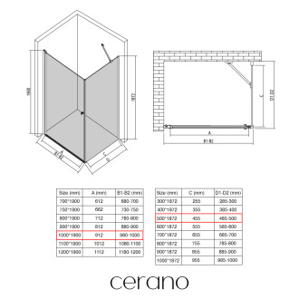 CERANO - Sprchový kout Antelo L/P - 6 mm - černá matná, transparentní sklo - 100x50x190 cm - otočný
