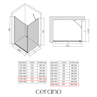 CERANO - Sprchový kout Antelo L/P - 6 mm - černá matná, transparentní sklo - 110x100x190 cm - otočný