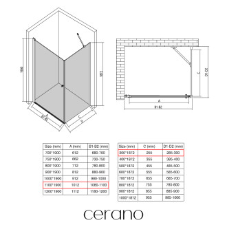 CERANO - Sprchový kout Antelo L/P - 6 mm - černá matná, transparentní sklo - 110x30x190 cm - otočný