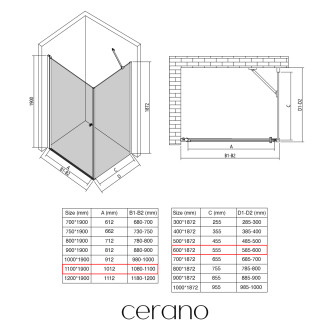 CERANO - Sprchový kout Antelo L/P - 6 mm - černá matná, transparentní sklo - 110x60x190 cm - otočný