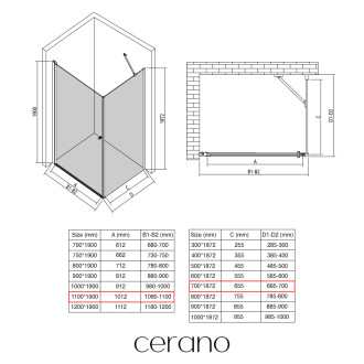 CERANO - Sprchový kout Antelo L/P - 6 mm - černá matná, transparentní sklo - 110x70x190 cm - otočný