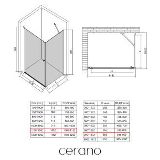 CERANO - Sprchový kout Antelo L/P - 6 mm - černá matná, transparentní sklo - 110x90x190 cm - otočný