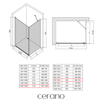 CERANO - Sprchový kout Antelo L/P - 6 mm - černá matná, transparentní sklo - 120x70x190 cm - otočný
