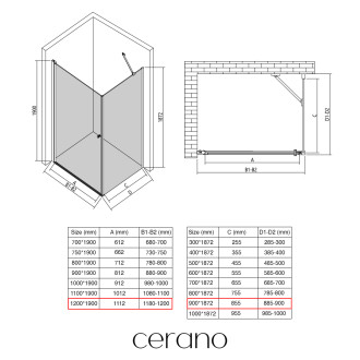 CERANO - Sprchový kout Antelo L/P - 6 mm - černá matná, transparentní sklo - 120x90x190 cm - otočný