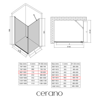 CERANO - Sprchový kout Antelo L/P - 6 mm - černá matná, transparentní sklo - 80x70x190 cm - otočný