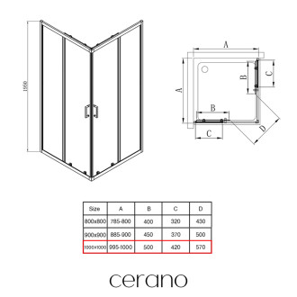 CERANO - Sprchový kout Fabrizio L/P - 5 mm - černá matná, transparentní sklo - 100x100x195 cm - posuvný