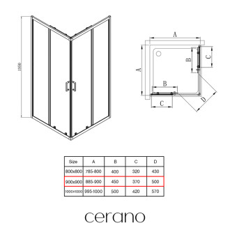 CERANO - Sprchový kout Fabrizio L/P - 5 mm - černá matná, transparentní sklo - 90x90x195 cm - posuvný