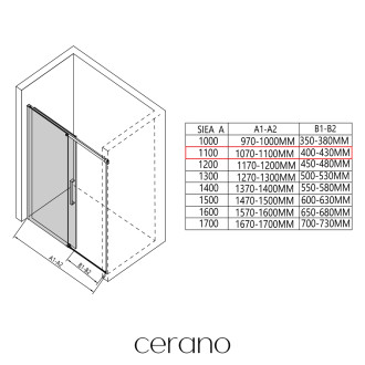 CERANO - Sprchový kout Lantono - levá - 8 mm - Soft-Close - černá matná, mléčné sklo - 110x80 cm - posuvný