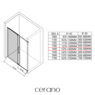 CERANO - Sprchový kout Lantono - levá - 8 mm - Soft-Close - černá matná, mléčné sklo - 140x100 cm - posuvný