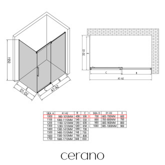 CERANO - Sprchový kout Lantono - pravá - 8 mm - Soft-Close - černá matná, mléčné sklo - 100x70 cm - posuvný