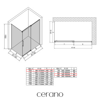CERANO - Sprchový kout Lantono - pravá - 8 mm - Soft-Close - černá matná, mléčné sklo - 100x90 cm - posuvný