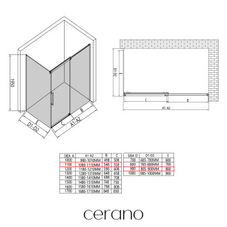 CERANO - Sprchový kout Lantono - pravá - 8 mm - Soft-Close - černá matná, mléčné sklo - 110x90 cm - posuvný