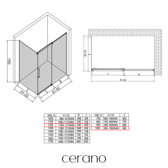 CERANO - Sprchový kout Lantono - pravá - 8 mm - Soft-Close - černá matná, mléčné sklo - 120x100 cm - posuvný