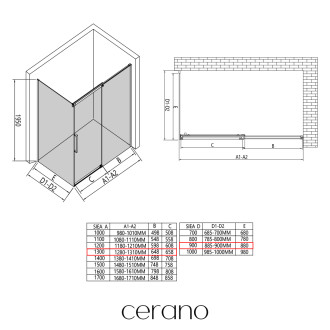 CERANO - Sprchový kout Lantono - pravá - 8 mm - Soft-Close - černá matná, mléčné sklo - 130x90 cm - posuvný
