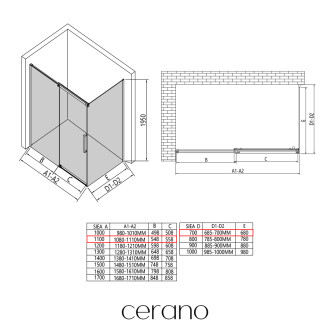 CERANO - Sprchový kout Lantono L/P - 8 mm - Soft-Close - černá matná, transparentní sklo - 110x70x195 cm - posuvný