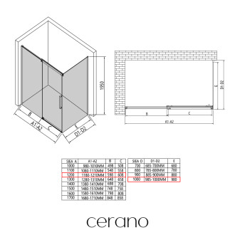 CERANO - Sprchový kout Lantono L/P - 8 mm - Soft-Close - černá matná, transparentní sklo - 120x100x195 cm - posuvný