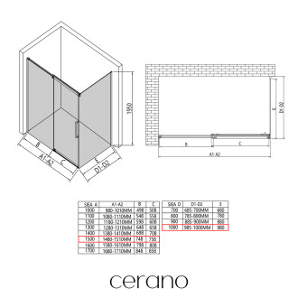 CERANO - Sprchový kout Lantono L/P - 8 mm - Soft-Close - chrom, transparentní sklo - 150x100x195 cm - posuvný