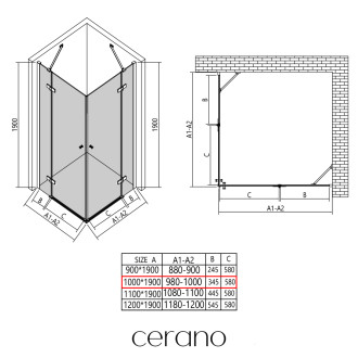 CERANO - Sprchový kout Marino Duo L/P - 6 mm - černá matná, transparentní sklo - 100x100x190 cm - pantový