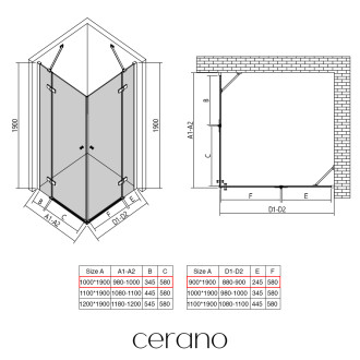CERANO - Sprchový kout Marino Duo L/P - 6 mm - černá matná, transparentní sklo - 100x90x190 cm - pantový