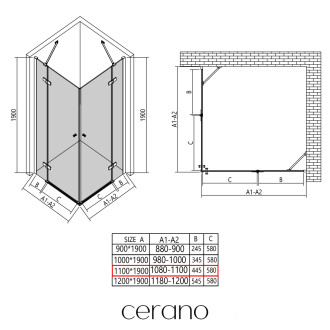 CERANO - Sprchový kout Marino Duo L/P - 6 mm - černá matná, transparentní sklo - 110x110x190 cm - pantový