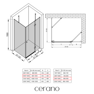 CERANO - Sprchový kout Marino L/P - 6 mm - černá matná, transparentní sklo - 100x90x190 cm - pantový