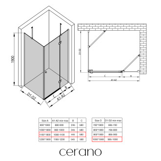 CERANO - Sprchový kout Marino L/P - 6 mm - černá matná, transparentní sklo - 110x100x190 cm - pantový
