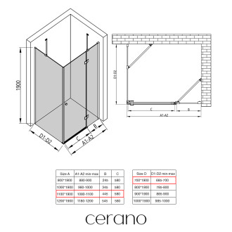 CERANO - Sprchový kout Marino L/P - 6 mm - černá matná, transparentní sklo - 110x70x190 cm - pantový