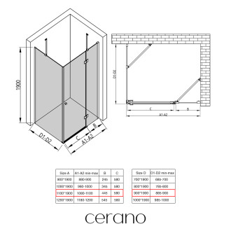 CERANO - Sprchový kout Marino L/P - 6 mm - černá matná, transparentní sklo - 110x90x190 cm - pantový