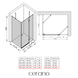 CERANO - Sprchový kout Marino L/P - 6 mm - černá matná, transparentní sklo - 120x100x190 cm - pantový