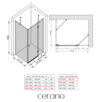 CERANO - Sprchový kout Marino L/P - 6 mm - černá matná, transparentní sklo - 120x70x190 cm - pantový
