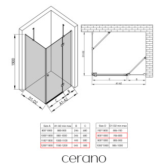 CERANO - Sprchový kout Marino L/P - 6 mm - černá matná, transparentní sklo - 120x80x190 cm - pantový