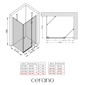 CERANO - Sprchový kout Marino L/P - 6 mm - černá matná, transparentní sklo - 120x90x190 cm - pantový