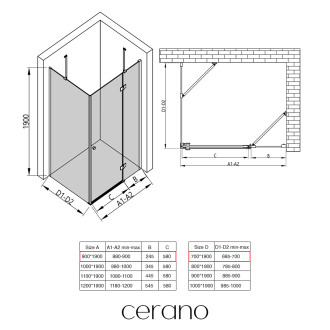 CERANO - Sprchový kout Marino L/P - 6 mm - černá matná, transparentní sklo - 90x70x190 cm - pantový