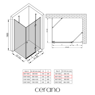 CERANO - Sprchový kout Marino L/P - 6 mm - černá matná, transparentní sklo - 90x80x190 cm - pantový