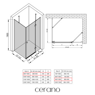 CERANO - Sprchový kout Marino L/P - 6 mm - černá matná, transparentní sklo - 90x90x190 cm - pantový