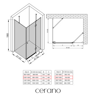 CERANO - Sprchový kout Marino L/P - 6 mm - chrom, transparentní sklo - 100x80x190 cm - pantový