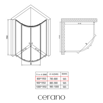 CERANO - Sprchový kout Orso L/P - 5 mm - čtvrtkruh - R550 - černá, transparentní sklo - 80x80x195 cm - posuvný