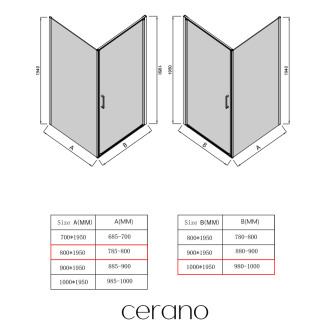 CERANO - Sprchový kout Porte L/P - 8 mm - černá matná, transparentní sklo - 100x80x195 cm - otočný