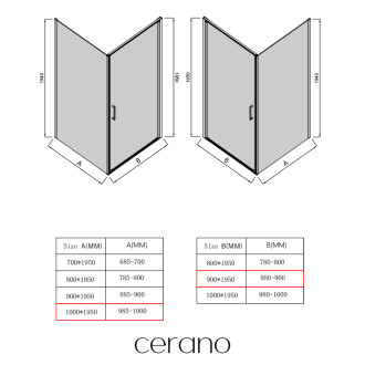 CERANO - Sprchový kout Porte L/P - 8 mm - černá matná, transparentní sklo - 90x100x195 cm - otočný