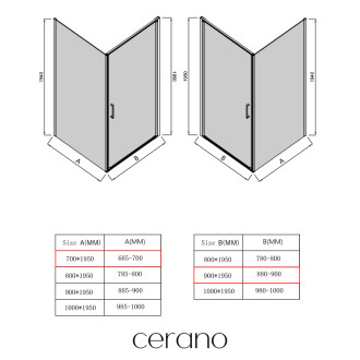 CERANO - Sprchový kout Porte L/P - 8 mm - černá matná, transparentní sklo - 90x70x195 cm - otočný