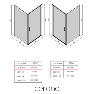 CERANO - Sprchový kout Porte L/P - 8 mm - černá matná, transparentní sklo - 90x80x195 cm - otočný