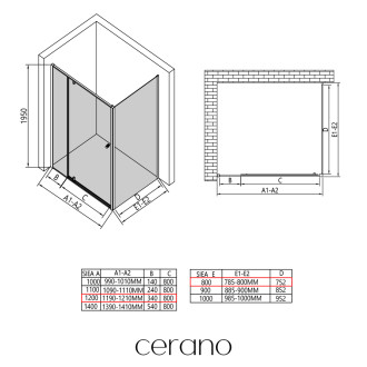 CERANO - Sprchový kout Santini L/P - 6 mm - černá matná, transparentní sklo - 120x80x195 cm - pivotový