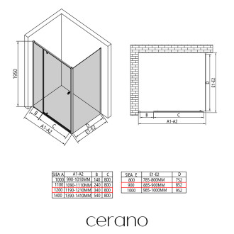CERANO - Sprchový kout Santini L/P - 6 mm - černá matná, transparentní sklo - 120x90x195 cm - pivotový