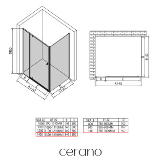 CERANO - Sprchový kout Santini L/P - 6 mm - černá matná, transparentní sklo - 140x100x195 cm - pivotový