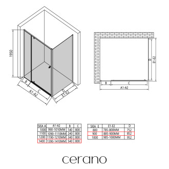 CERANO - Sprchový kout Santini L/P - 6 mm - černá matná, transparentní sklo - 140x90x195 cm - pivotový